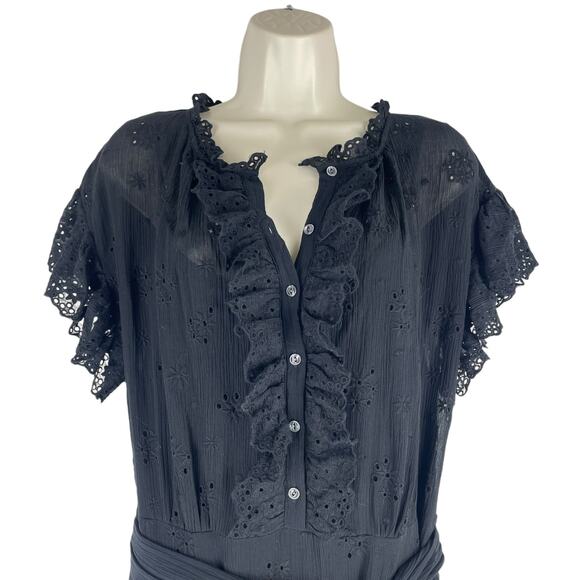 Rebecca Taylor Black Dree Silk Blend Eyelet Ruffle Mini Dress Size 12 - Picture 6 of 12
